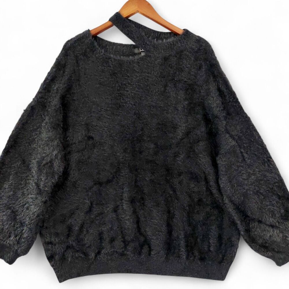 Lulus Sweater Womens Sz L Black Fuzzy Eyelash Asymmetrical Strap Neck Oversized - Picture 3 of 12